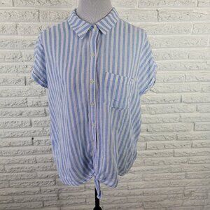 Old Navy XL Women's Top Linen Cotton Blend Blue White Striped STR122E